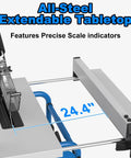 Top view of Badass 8 Inch Table Saw Driven By A Beefy 15 Amp 5500 Rpm Motor With Heavy Duty 80 Tooth Carbide Blade showcasing all-steel extendable tabletop.