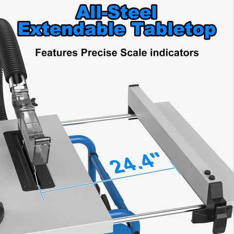 Top view of Badass 8 Inch Table Saw Driven By A Beefy 15 Amp 5500 Rpm Motor With Heavy Duty 80 Tooth Carbide Blade showcasing all-steel extendable tabletop.