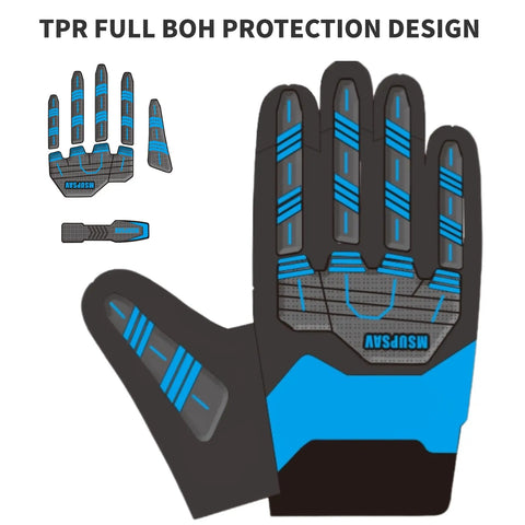 Illustration of XL Anti-Vibration Work Gloves For Men With Cut-Resistant Safety Impact, Heavy Duty TPR Back Of Hand Protection in blue and black.