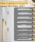 Eight Piece High Speed Wood Lathe Chisel Set With Parting Tool And Gouges showcasing various chisels sizes and shapes on a display.