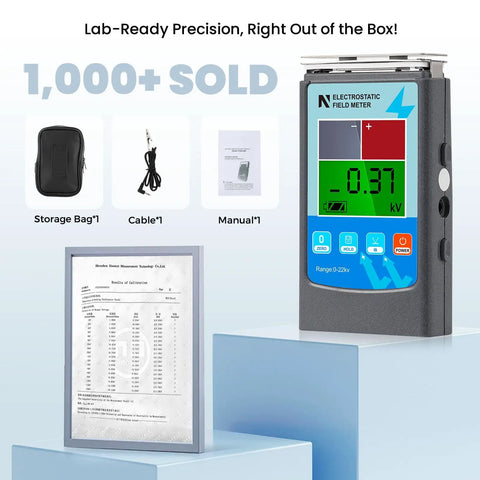 Genuine Static Meter And Electrostatic Fieldmeter For Quick ESD Touch Ups Measuring Zero To Plus Or Minus Twenty Kilovolts With Tight Accuracy And Ion Balance Checks For Garage Pros displayed with storage bag, cable, manual, and calibration results.