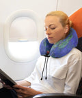 Monet Water Lilies Travel Neck Pillow With Washable Cover Memory Foam Support Cushion on woman's neck in airplane seat