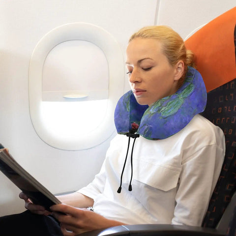 Monet Water Lilies Travel Neck Pillow With Washable Cover Memory Foam Support Cushion on woman's neck in airplane seat