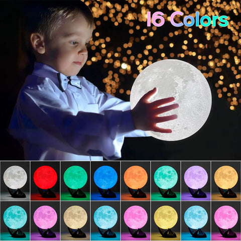 Child holding Moon Lamp 3D Printed Lunar Light With Black Stand 3.5 Inch Night Light USB Charging Touch Control Brightness