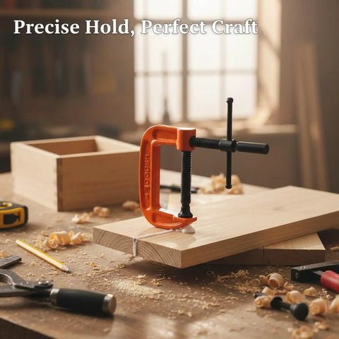 Heavy Duty 1 Inch Iron G Clamps For Woodworking And Furniture Assembly securing wood panel in a workshop for glue up tasks.