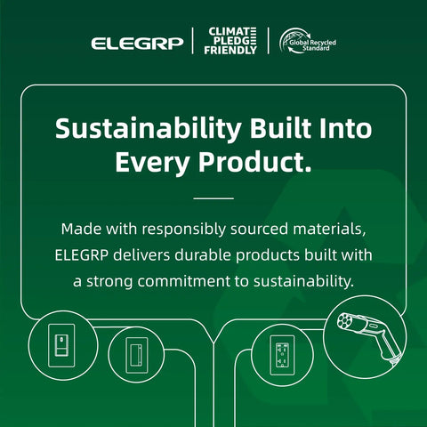 Infographic highlighting ELEGRP's sustainability commitment with product icons and eco certifications.