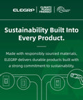 Promotional image highlighting ELEGRP's sustainability with green background and icons of electrical products.