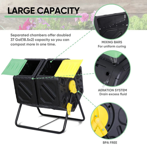 Outdoor 37 Gallon Dual Chamber Compost Bin with tumbling drum, two sliding doors, BPA-free PP, corrosion-resistant metal frame