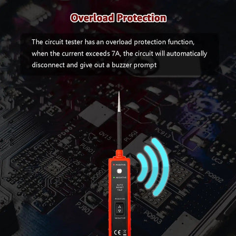 Power Circuit Probe Tester for 6V To 24V DC Systems with overload protection indicator on electronic circuit board