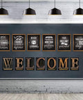 Fresh Industrial Chic Bulletin Board Poster Set Leveling Up Classroom Vibe With Seven Welcome Cutouts And Six Motivational Prints Perfect Teacher Decor Game Changer Glue Dots Included, featuring framed prints and welcome letters.