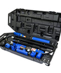 Open blow case with Pro Grade 10 Ton Hydraulic Auto Body Repair Kit, showing heavy duty steel build, pump, gauge, and accessories.