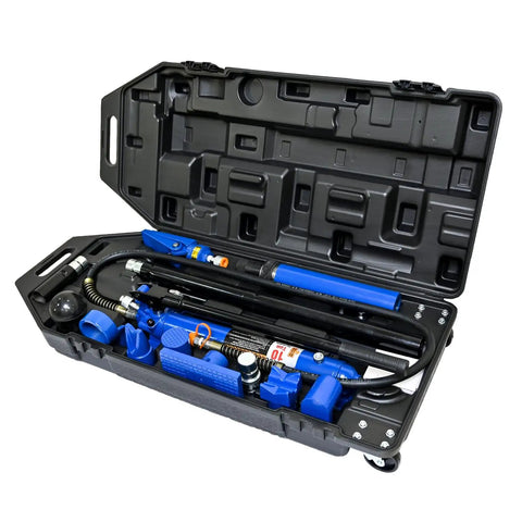 Open blow case with Pro Grade 10 Ton Hydraulic Auto Body Repair Kit, showing heavy duty steel build, pump, gauge, and accessories.