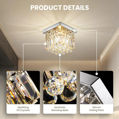 Crystal Chandelier For Hallways And Foyers One Light Mini Modern Square Flush Mount Ceiling Fixture with K9 crystals and reflective orbs.