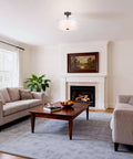 Three Light Drum Semi Flush Ceiling Light With Fabric Shade In Dark Bronze close to ceiling in modern rustic living room.