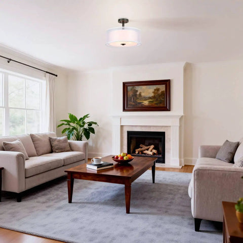Three Light Drum Semi Flush Ceiling Light With Fabric Shade In Dark Bronze close to ceiling in modern rustic living room.