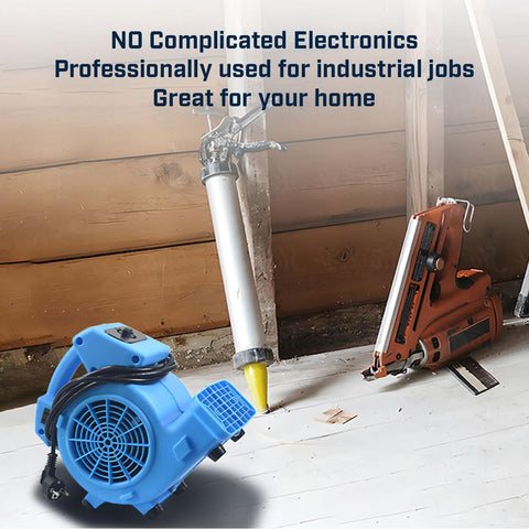 One Eighth HP 600 CFM Air Mini Mover Floor Fan next to tools in home job site