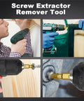 Four images showing a Six Piece Screw Extractor Set With HSS 4341 Bits For Damaged And Broken Screws In A Handy Tool Box in use.