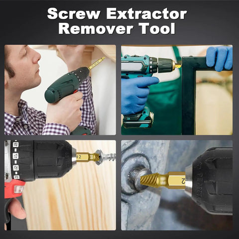 Four images showing a Six Piece Screw Extractor Set With HSS 4341 Bits For Damaged And Broken Screws In A Handy Tool Box in use.