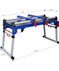 Built Tough Miter Saw Stand And Five In One Folding Portable Workbench With Telescoping Height Legs and Smooth Roll Caster Wheels For Woodworking And Masonry In Blue, dimensions shown.