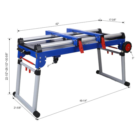 Built Tough Miter Saw Stand And Five In One Folding Portable Workbench With Telescoping Height Legs and Smooth Roll Caster Wheels For Woodworking And Masonry In Blue, dimensions shown.
