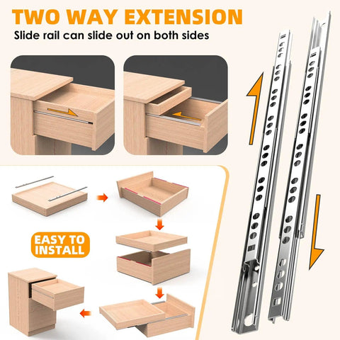 Heavy Duty 14 Inch Thin Drawer Slides With Low Profile Ball Bearing Tracks 4 Pack For Kitchen Cabinets showing two-way extension side view.
