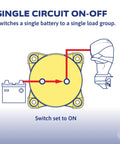Diagram of On Off Battery Switch With Knob Black M Series 6006200 for Boats and RVs, showing single circuit on-off operation