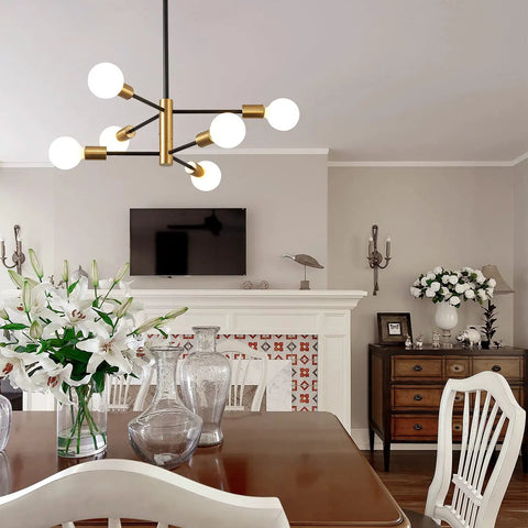 Dope Modern Sputnik 6 Light Chandelier With Adjustable Height In Black And Gold Finish Perfect For Kitchen Island Bedroom Or Foyer