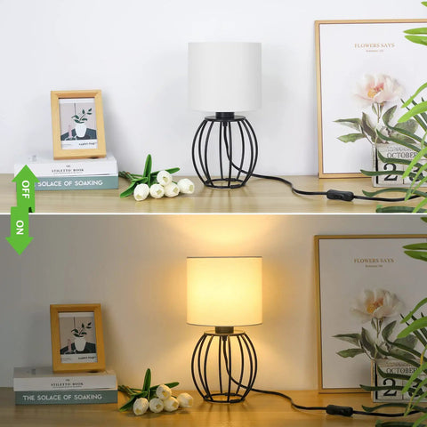 Two Modern Table Lamps For Bedroom Nightstand Dorm Or Office With White Fabric Shade And Black Metal Base Compact Desk Lamps Great For Reading Bulbs Not Included Ideal For Bedside Lighting Study Desks And Cozy Living Room Ambiance shown off and on on a wooden surface.
