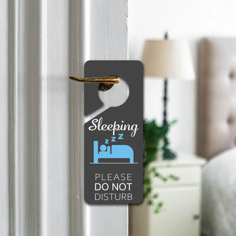Sleeping Do Not Disturb Door Hanger Signs Black PVC Double Sided 9x4 Inch Two Pack hanging on door handle