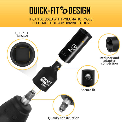 Impact Socket Adapter And Reducer Kit For SAE Sizes One Quarter Inch Three Eighths Inch And One Half Inch Five Piece CRMO Steel shown with quick-fit design details