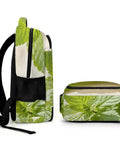 Side and bottom view of Green Mint Herb Printed Unisex Backpack with Large Capacity, showcasing mint leaf design and sturdy zippers.