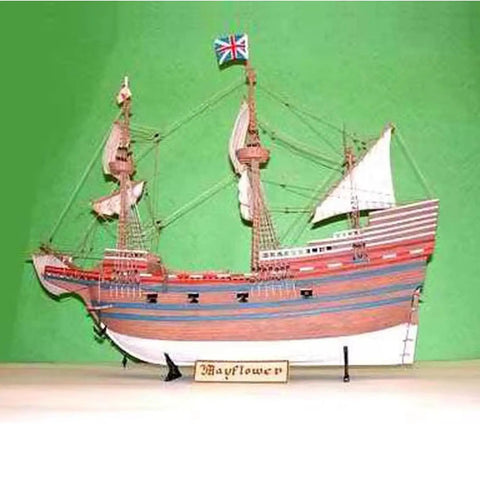 Side view of Mayflower Sailboat 1 By 60 Static Plastic Model Kit For Display Classic Ship Replica In Scale on green background