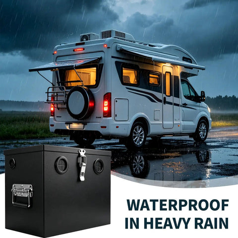 Built Tough Stainless Steel Battery Box For Group 24 And 27 Batteries Lockable 12V Power Relocation Kit with rubber wire guards in rain.