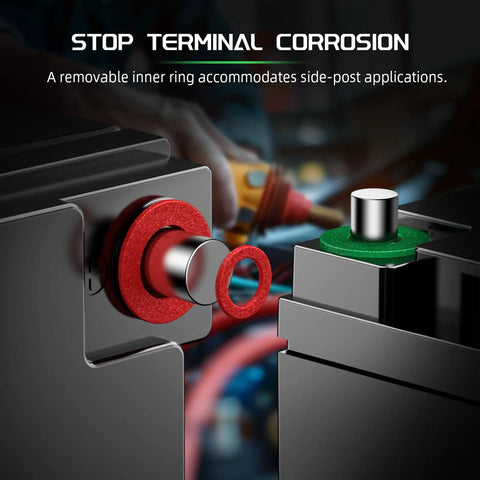 Heavy Duty Copper Battery Terminal Connectors Kit With 2 Gauge 3 8 Inch Positive Negative Lugs Heat Shrink Sleeves showing removable inner ring.