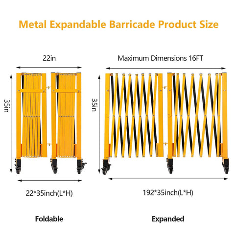 16Ft Industrial Expandable Barricade Gate With Wheels Heavy Duty Folding Security Gate for outdoor use shown folded and expanded