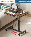 Adjustable Overbed Table With C Shape Design Portable Rolling Desk For Bedside Couch And Living Room Height Adjustable Pivot Desktop Brown Finish Multi Function Tray Table next to couch