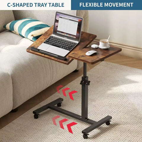 Adjustable Overbed Table With C Shape Design Portable Rolling Desk For Bedside Couch And Living Room Height Adjustable Pivot Desktop Brown Finish Multi Function Tray Table next to couch
