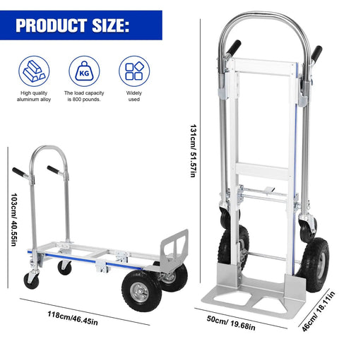 2 In 1 Heavy Duty Industrial Cart With Wheels Folding Dolly Cart 800 Lbs Capacity, aluminum alloy frame, shown folded and open