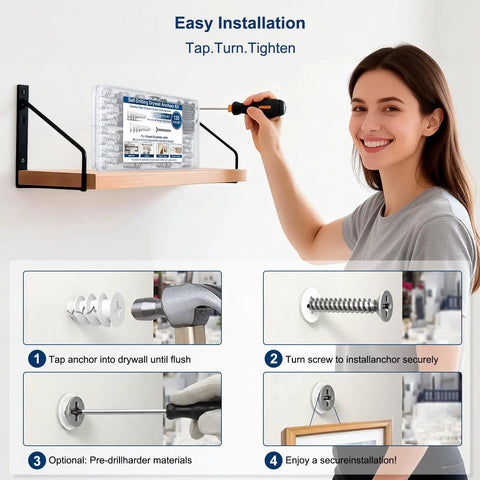 Easy installation of 120 Piece Self Drilling Drywall Anchors With Rust Resistant Stainless Steel Screws Heavy Duty Wall Anchor Kit.