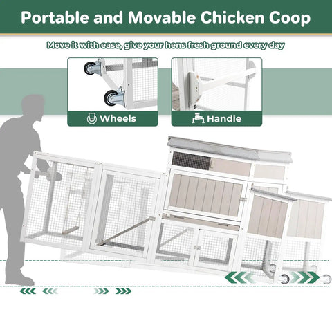 Mobile Chicken Coop With Wheels Weatherproof Large Hen House Chicken Tractor detailed view with close-ups of wheels and handle.