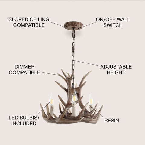 Brown Adjustable Resin Antler Three Light LED Chandelier with LED Bulbs Included for cozy farmhouse vibe in dining and living room.