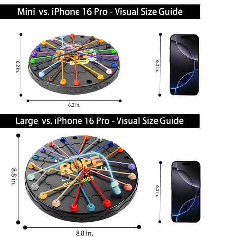 Rope Untangling Puzzle Game For Kids And Adults, board game size comparison with iPhone, mini and large versions, vibrant colors