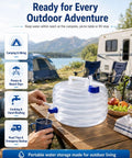 Collapsible Water Container With Spigot For Camping And Travel on table with person pouring water into cup at campsite