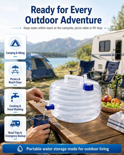 Collapsible Water Container With Spigot For Camping And Travel on table with person pouring water into cup at campsite