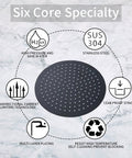 Diagram showing Matte Black 16 Inch Round Stainless Steel Rain Shower Head with Six Core Specialties on marble background.