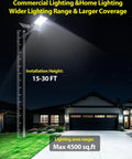 Heavy Duty Commercial Solar Street Light Featuring Badass 6500K Daylight LEDs with 15-30 FT installation height for max 4500 sq.ft coverage.