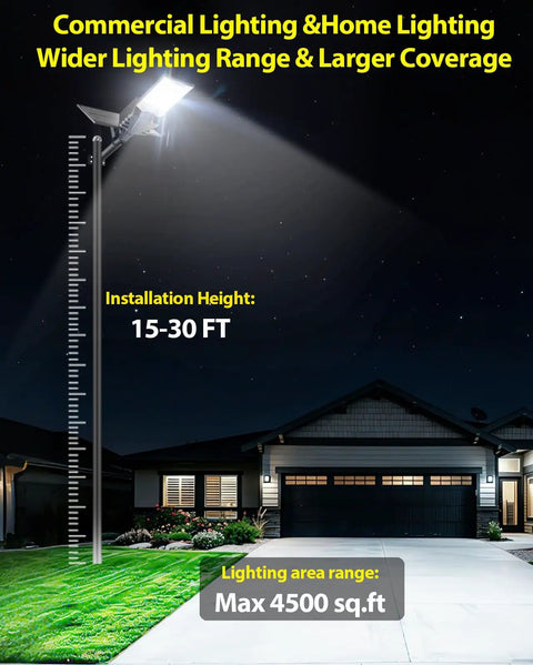 Heavy Duty Commercial Solar Street Light Featuring Badass 6500K Daylight LEDs with 15-30 FT installation height for max 4500 sq.ft coverage.