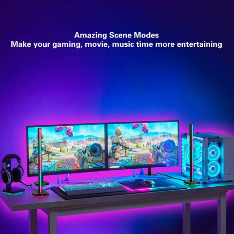 Gaming setup with dual monitors and LED Neon Rope Lights With Music Sync, 9.84ft 24V Smart Dimmable Outdoor IP65 Waterproof LED Strip.