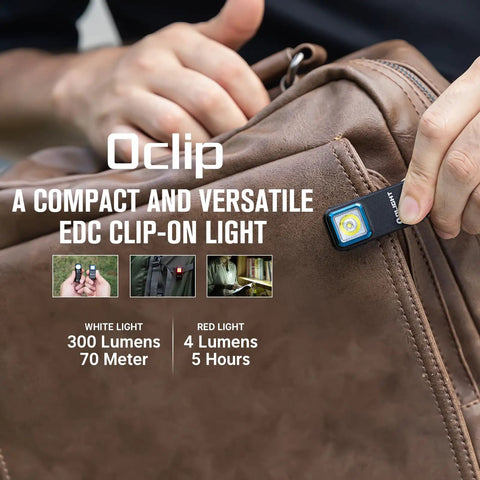 Oclip Mini Rechargeable EDC Clip Flashlight With Dual Light Sources White Daylight And Red Night Vision on brown bag.