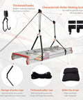Dual Overhead Ladder Storage Hoist For Garage Or Shed Ceiling Pulley Lift System Holds 125 Lb And Fits Folding Telescoping Extension And Step Ladders Easy Install And Smooth Retrieval with ladder and components shown.